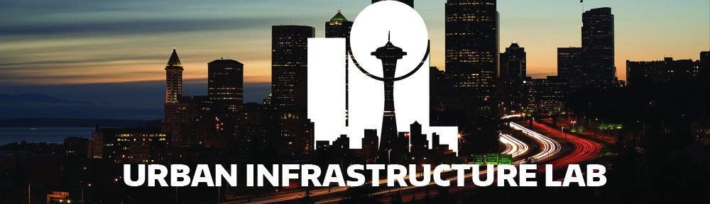 Urban Infrastructure Lab logo overlaid on a darkened image of the Seattle city skyline