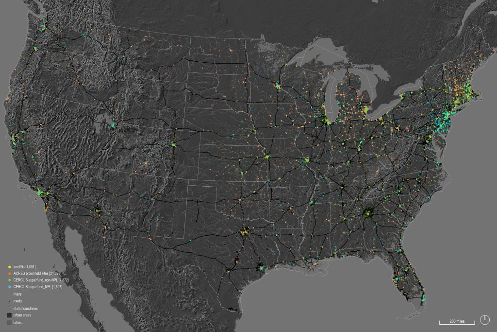 Map of the United States that denotes waste landscapes mapped across the country