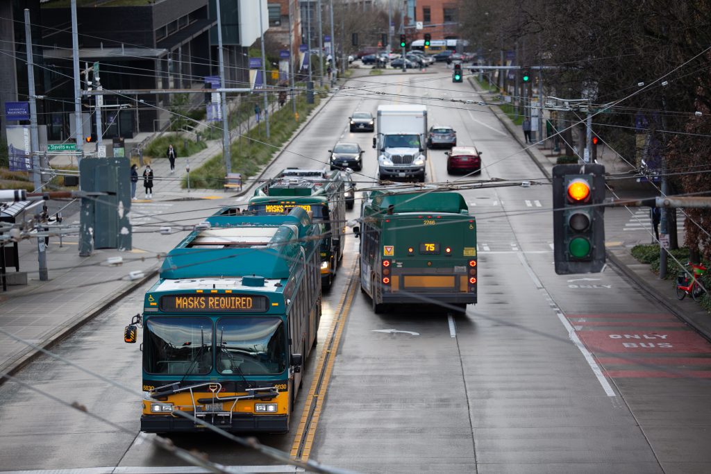 Buses driving on a street