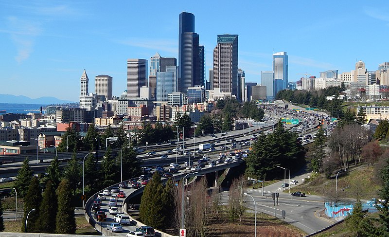 Downtown Seattle and I-5 seen from Rizal Park