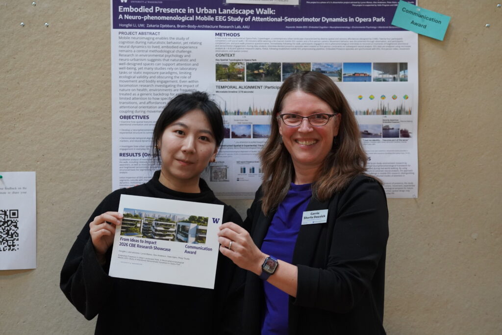 Two people smiling holding up a paper with research on it